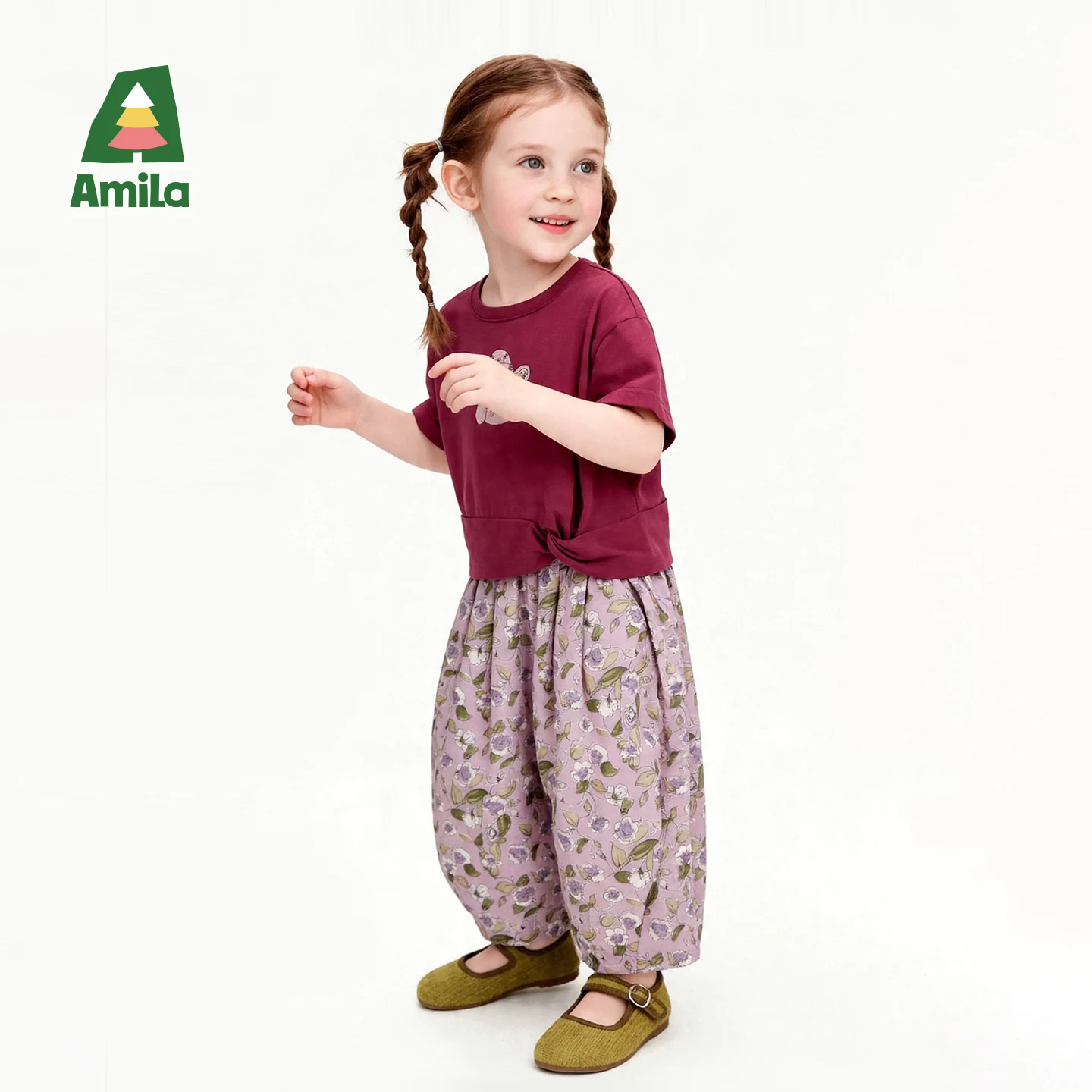 Фото Детские повседневные брюки Amila 2026, летняя новинка, винтажный акварельный цветочный принт, свободные длинные брюки в литературном и повседневном стиле №3