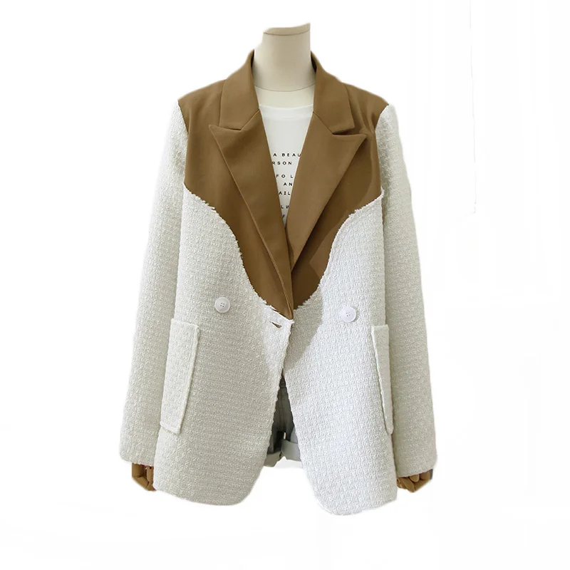 

2022 New Autumn All Match Women Blazers Vintage Office Ladies Blazer Tweed Splice Suits Coat Female Casual Office Slim Outwear