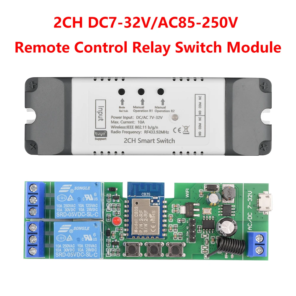 Smart Remote Control Wireless Wifi Switch Module 2CH DC7-32V/AC85-250V 433MHz RF Receiver 10A wifi Relay
