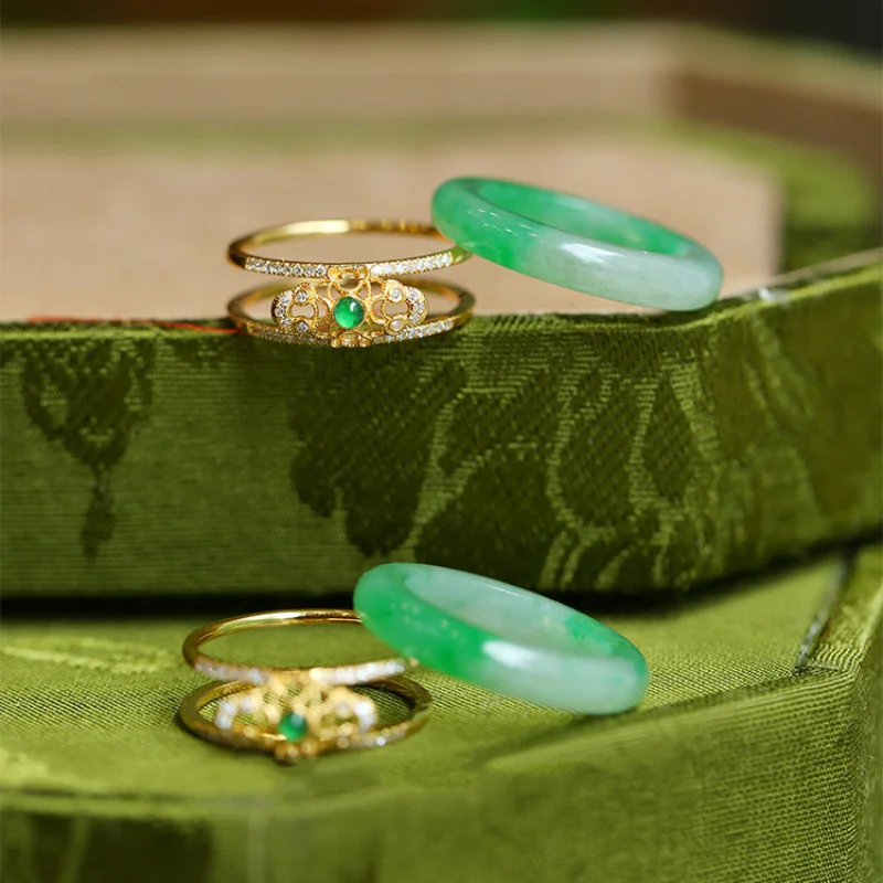 New in Natural Green Chalcedony Crystals Rings for Women Luxury Chinese Style Wedding Jewelry exquisite Detachable Gift