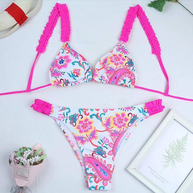 Женский сексуальный контрастный купальник с оборками дизайнерский из двух