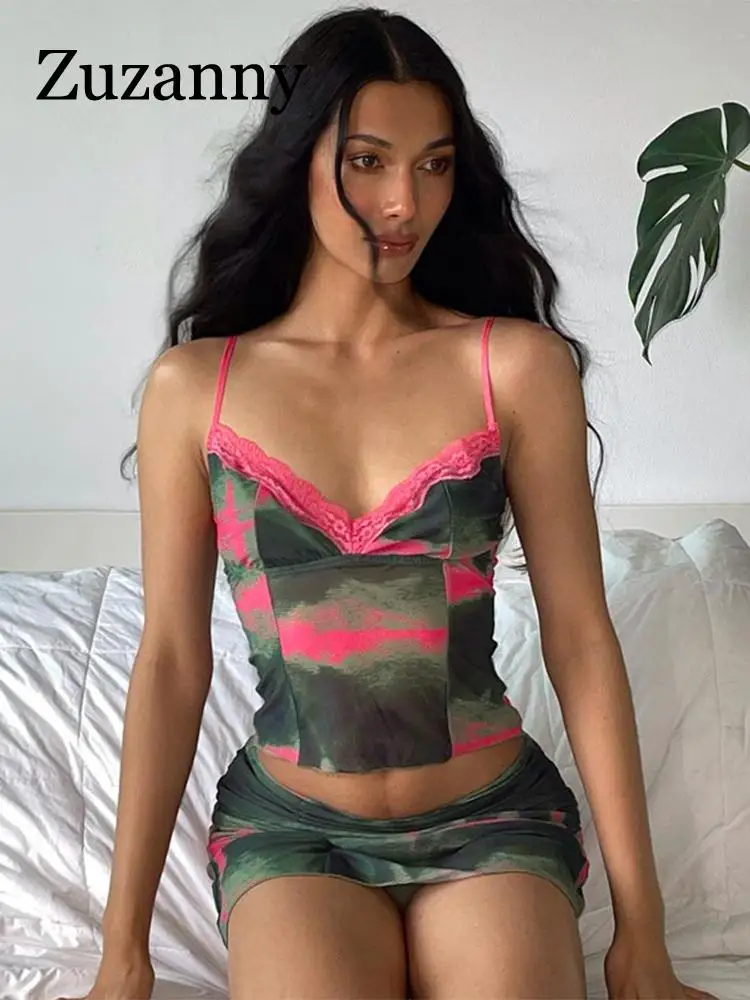 

Женский костюм в стиле ретро Zuzanny, пикантный кружевной топ на бретельках и мини-юбка в стиле тай-дай, комплект Y2K, 2023