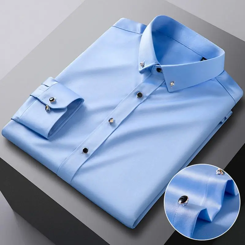 

Men Shirts Casual Long Sleeve Luxury Wrinkle Free Drill Button Fashion Solid Silky Elegant Formal Social No Ironing Male Clothes
