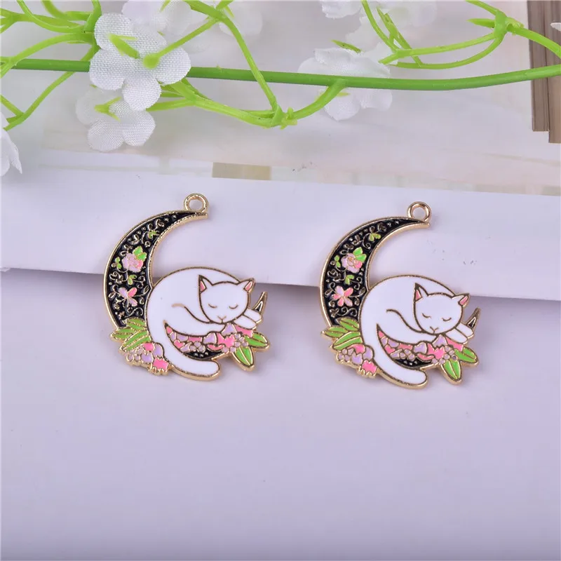 

10pcs Enamel Moon Cat Charms for DIY Jewelry Making Cute Earring Necklace Bracelet Keychain Drip Oil Pendants Alloy Accessories