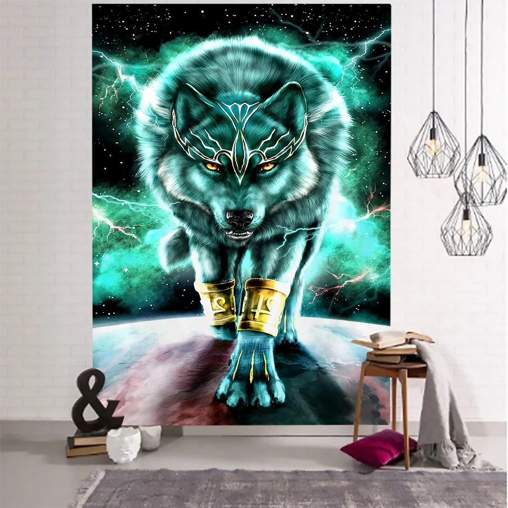 

Wolf Tapestry Hippie Animal Wall Hanging Psychedelic Moon Tapestries Cloth Mandala Starry Sky Home Decoration Background