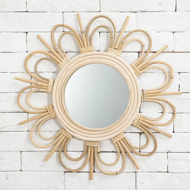 

Rattan Mirror Round Makeup Dressing Bathroom Wall Hanging Mirror Innovative Art Decoration Nordic Primary Color Wicker Decor