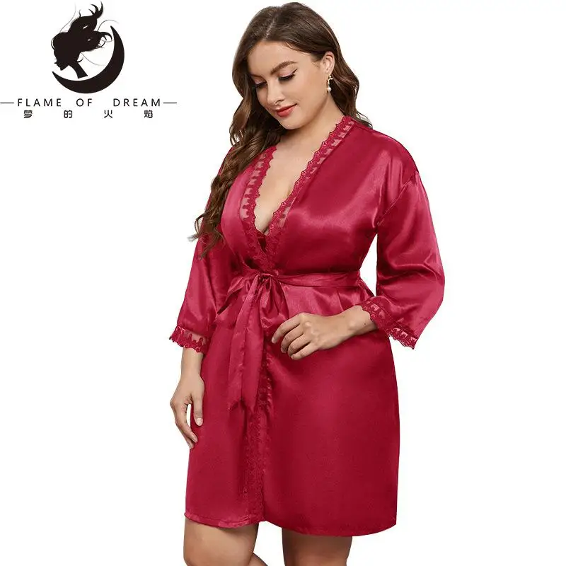 Flame Of Dream Plus Size Lace Nightwear Home Leisure Imitation Silk Cardigan Bathrobe Fashion  Sexy Home Clothes 221457