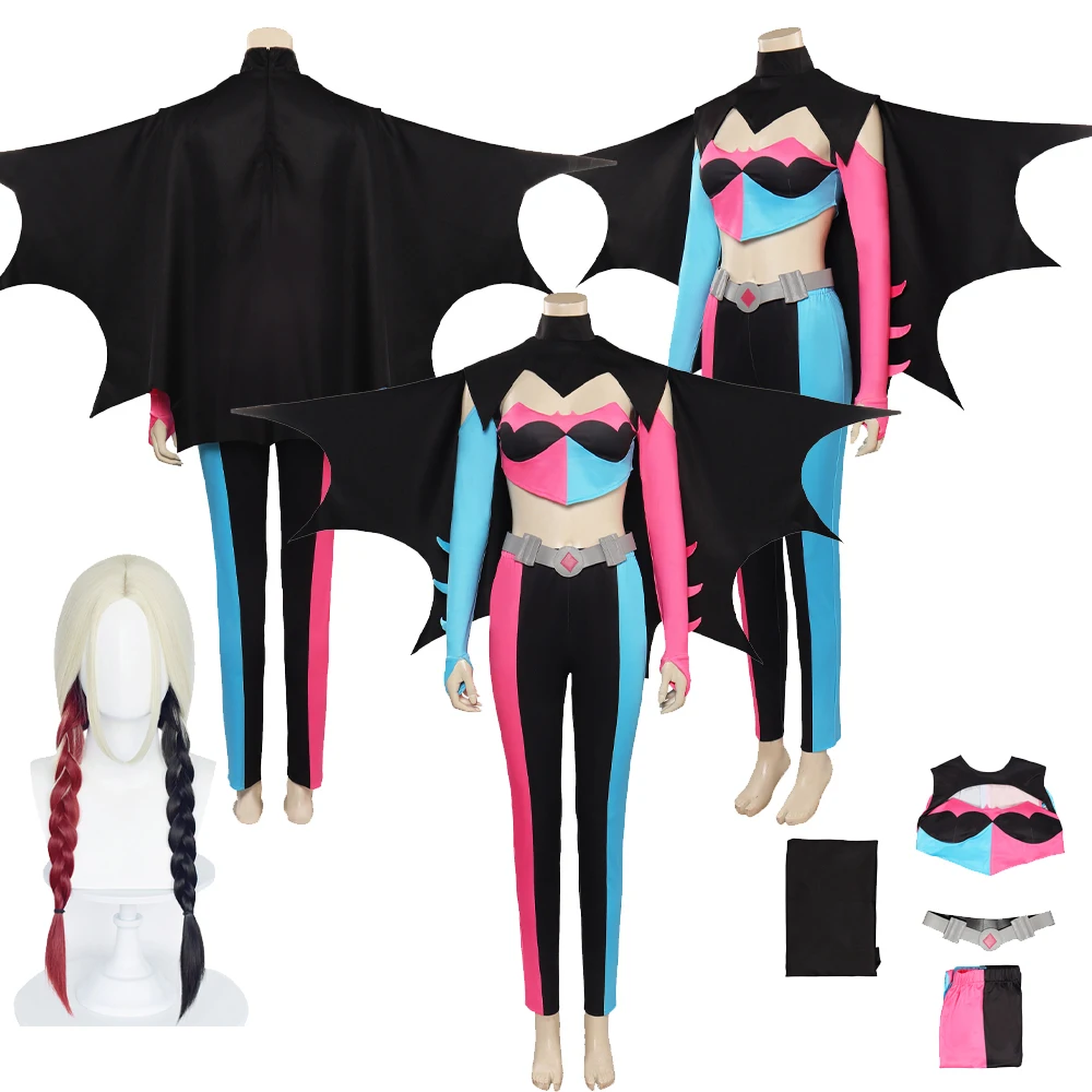 

Женский костюм для косплея Quinzel, женская одежда, Женский комплект для ролевых игр с топом и брюками, накидка, наряды, костюм для Хэллоуина, карнавала, маскировка
