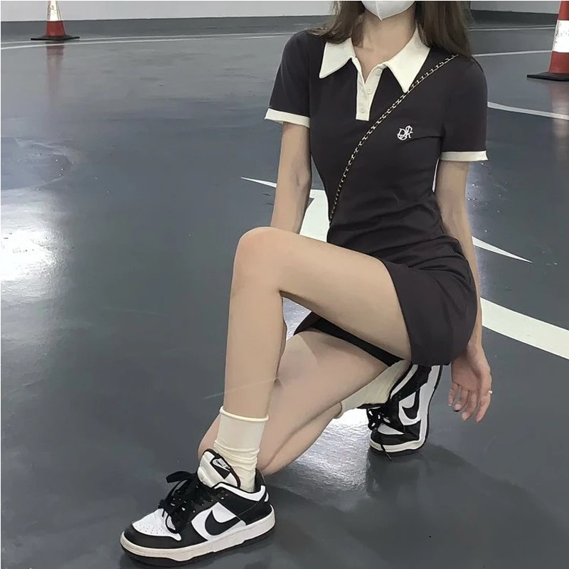 Женское платье-поло 2023 летнее цельное корейское студенческое мини-платье Y2K с