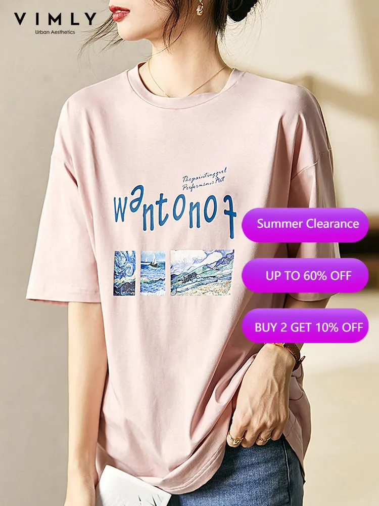 

VIMLY Pink T-shirt for Women 2022 Summer Loose Casaul Oneck Short Sleeve Letter Printing Tops Korean Youth Female Clothing V2809