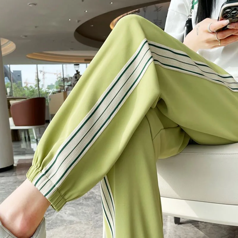 Ice Silk Solid Color Patchwork Fashion All-match Sports Pants for Women Spring Summer 2023 New High Waist Casual Loose Trousers
