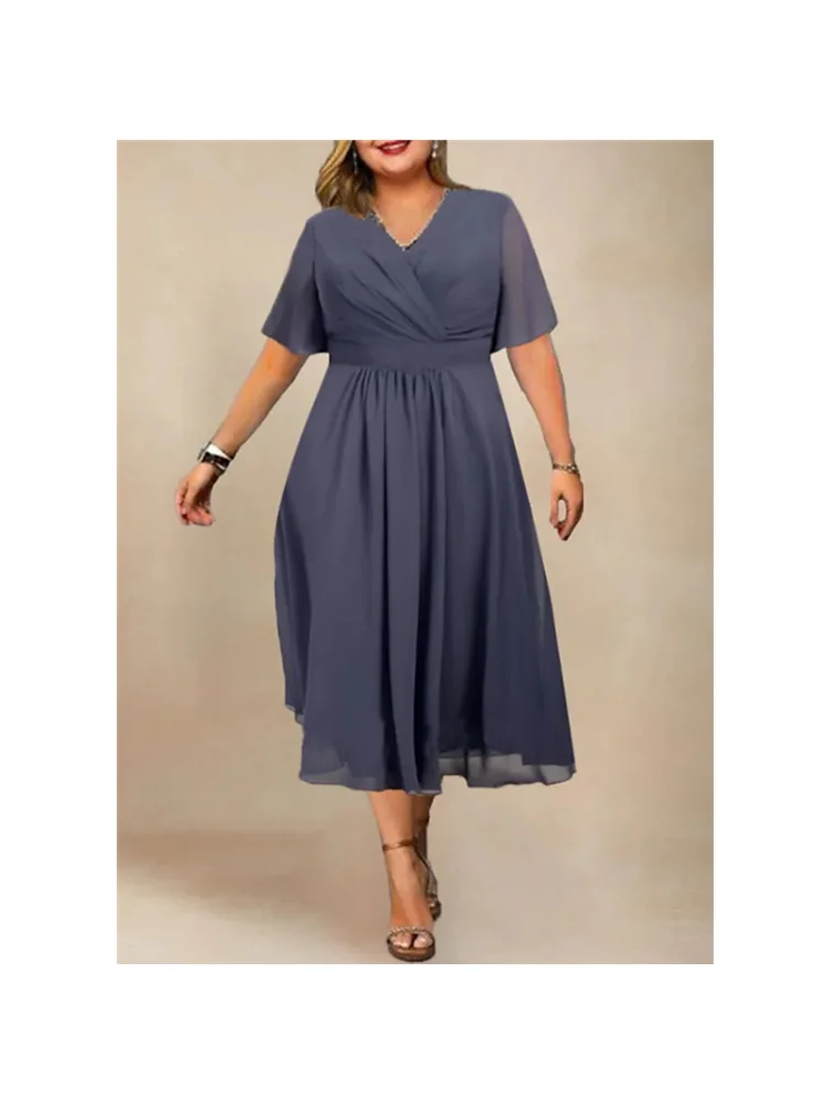 Solid V-neck ruffled short sleeves spring, summer and autumn sexy holiday casual dress plus size women clothing