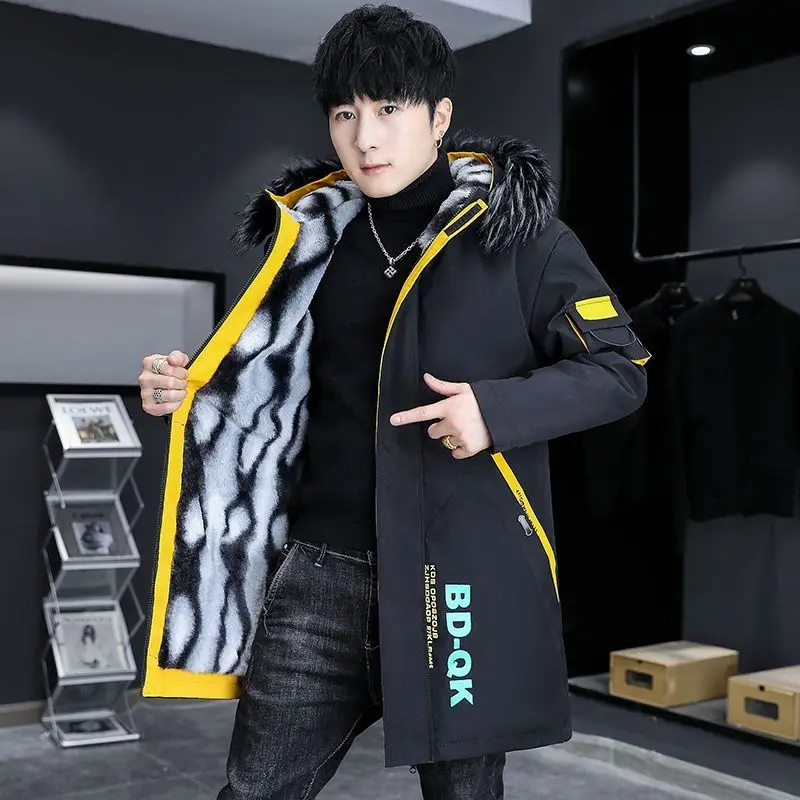 Winter men's hooded long cotton-padded jacket with velvet padded jacket for cold protection and warm cotton clothing men's fashi