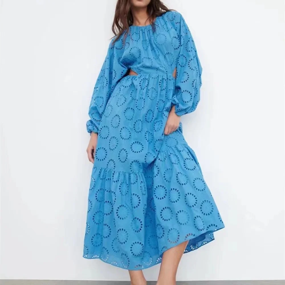 

Женское платье с вышивкой ZA, ажурное платье с открытой спиной и длинным рукавом, с поясом на резинке, сексуальное праздничное платье, лето 2022