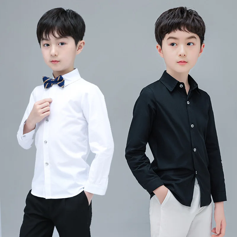

Teenage White Long Sleeve Shirts for Boys Spring Fall Children Turn-down Collar Tops Cotton Solid Color Performance Clothes 2022