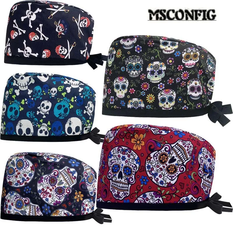 

Doctor Operating Room Pattern Printed Skeleton Nursing Head Cap Lab Scrub Pet Hospital Surgical Hat Unisex Dentist Scrub 2023