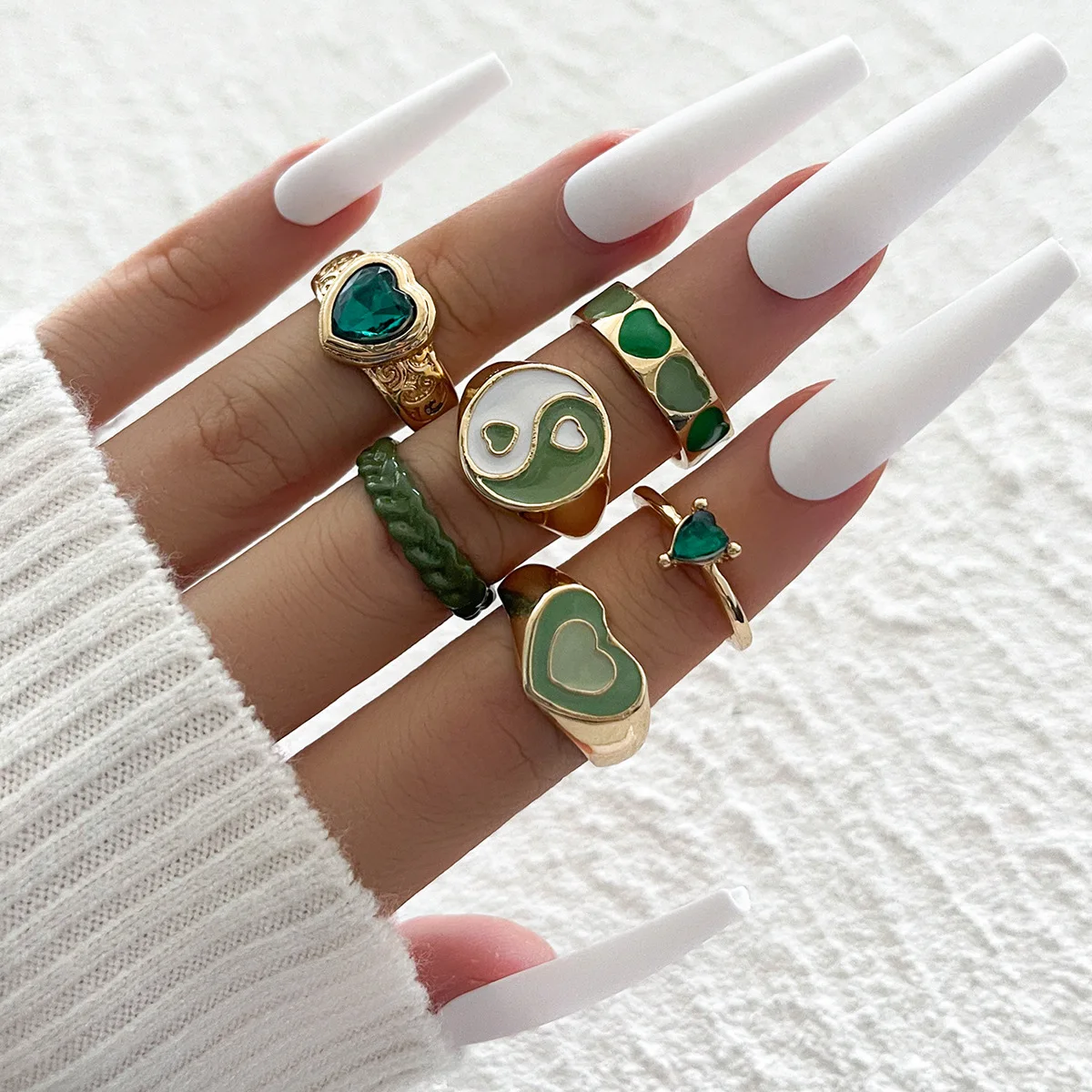 

6Pcs Personality New Fashion Retro Yin and Yang Gossip Dripping Oil Love Ring Set Women's Jewelry Wholesale Korean Style 2022