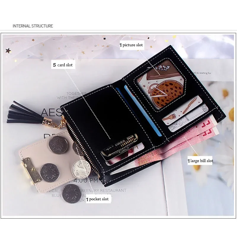 Ultra-thin Wallet Tassel Short Wallet for Woman Mini Coin Purse Ladies Clutch Small Wallet Female Pu Leather Card Holder