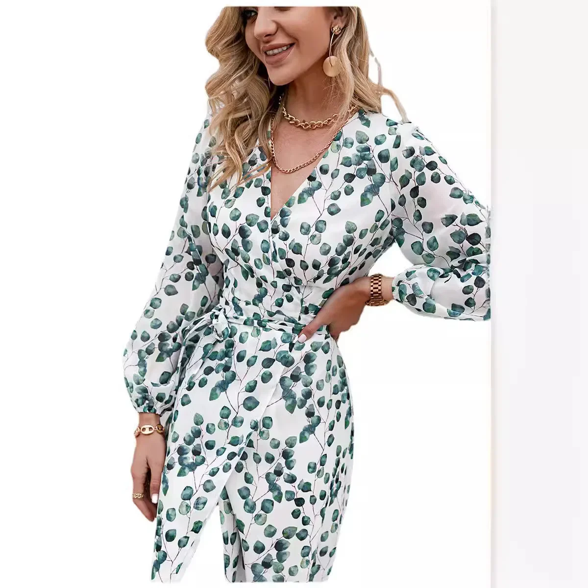 Женский корсет с длинным рукавом и принтом ТРАПЕЦИЕВИДНОЕ ПЛАТЬЕ в виде зеленых