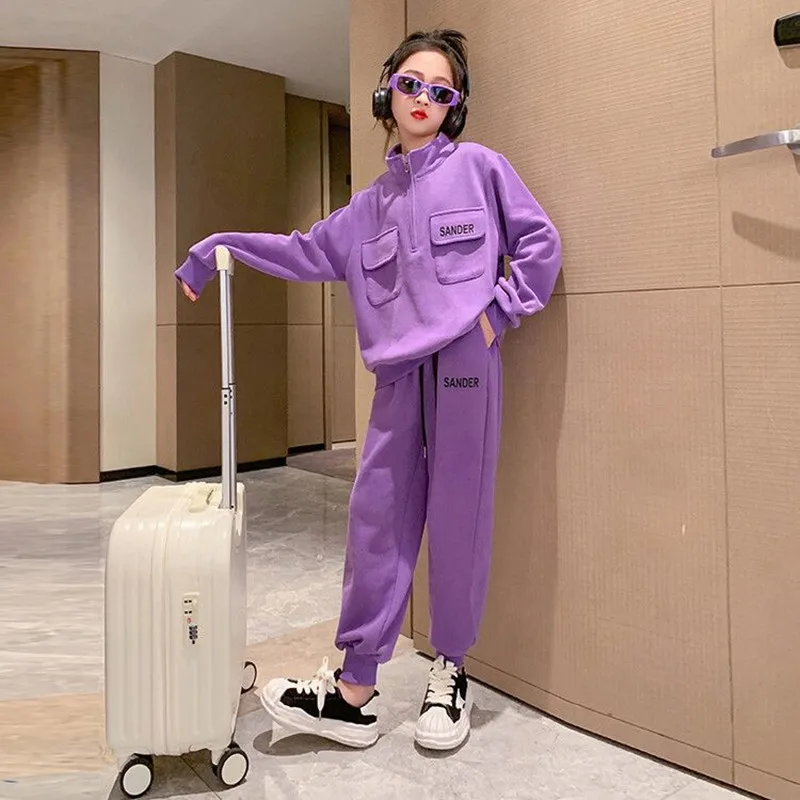 Модные комплекты одежды для девочек Koeran с мультяшным рисунком, осенний спортивный свитшот с длинным рукавом + широкие брюки, детская одежда, костюмы