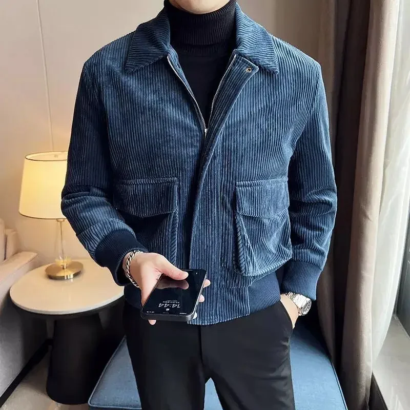Вельветовая мужская куртка корейская мода отложной воротник приталенная