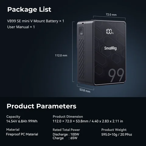 SmallRig Mini V Mount Battery VB99 SE 99Wh 6800mAh V Lock Аккумулятор с выходом 65W OLED-экраном для камеры Монитор Видеосветильник