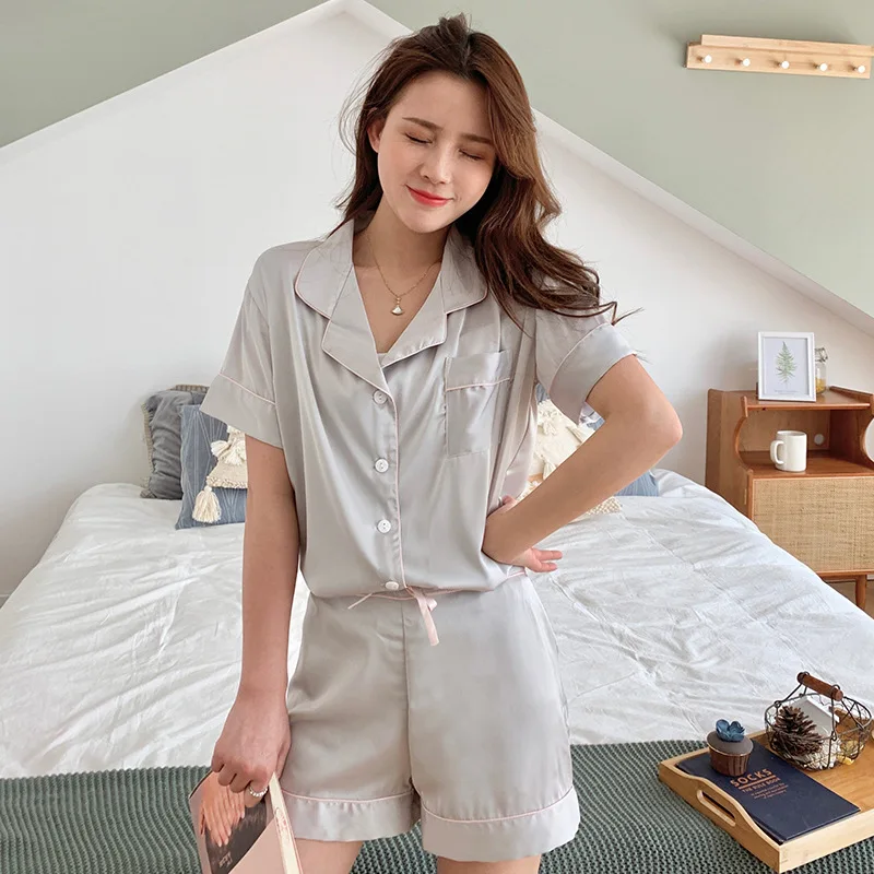 

Пижама женская летняя с коротким рукавом, рубашка и шорты, одежда для сна из вискозы, Повседневная Ночная рубашка с карманами, домашняя одежда для отдыха, 2 шт.