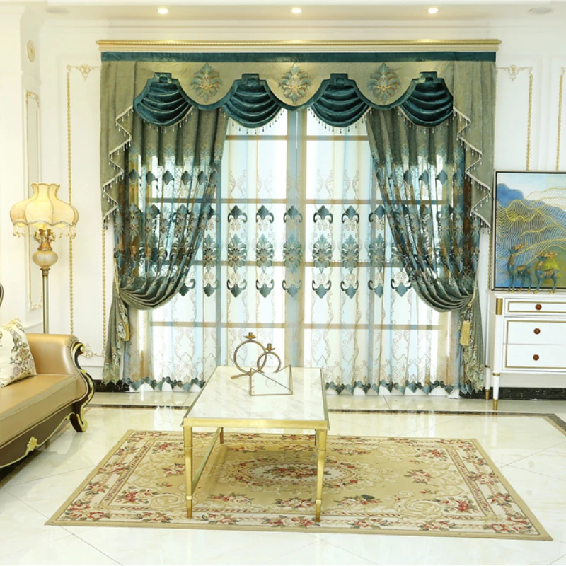 

Luxury European Embroidered Villa Living Room Curtains High Quality Custom Green Bedroom Study Room Valance Curtains