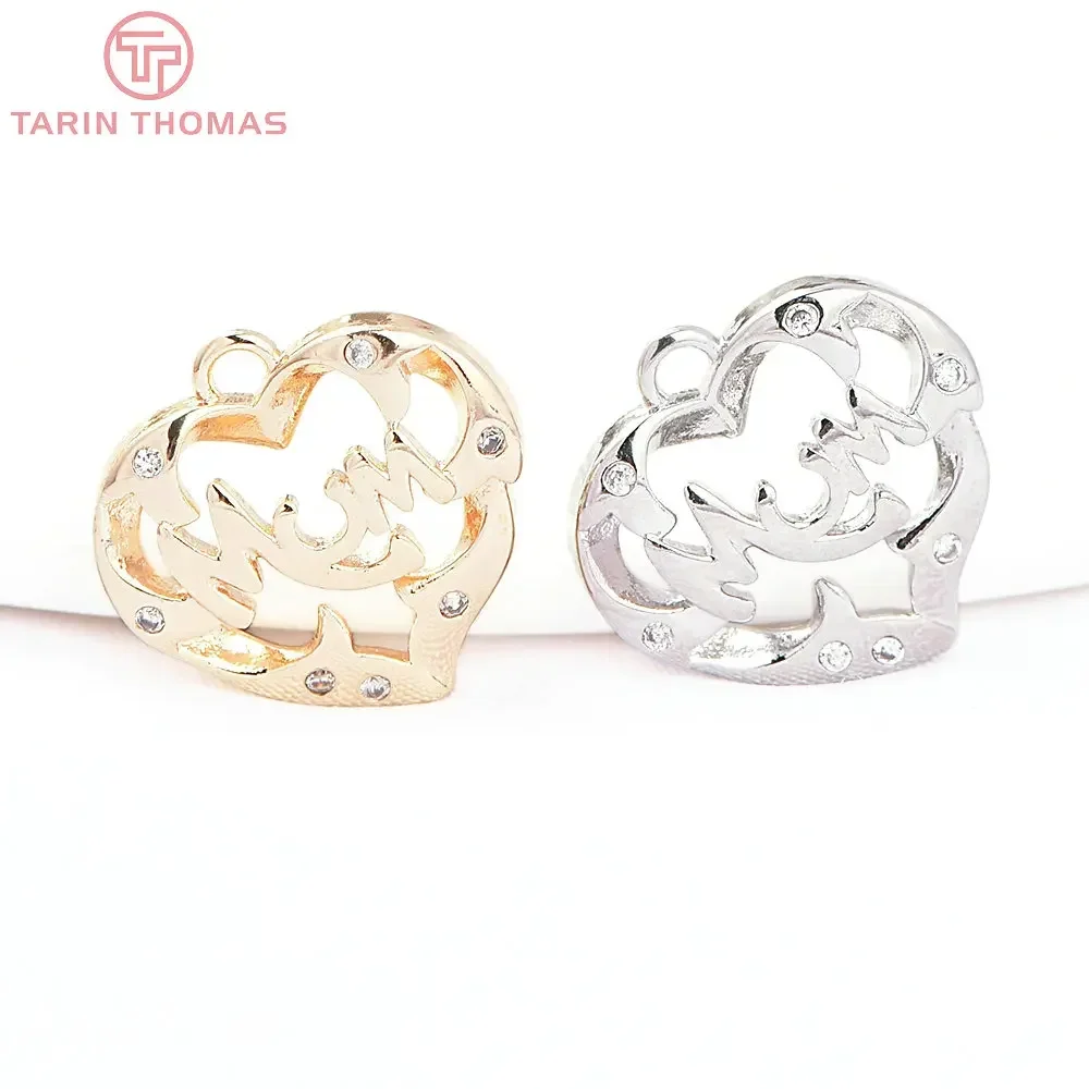 (8165) 4 шт. 14 5x14 мм 24-каратное золото латунь с цирконом подвески в форме сердца