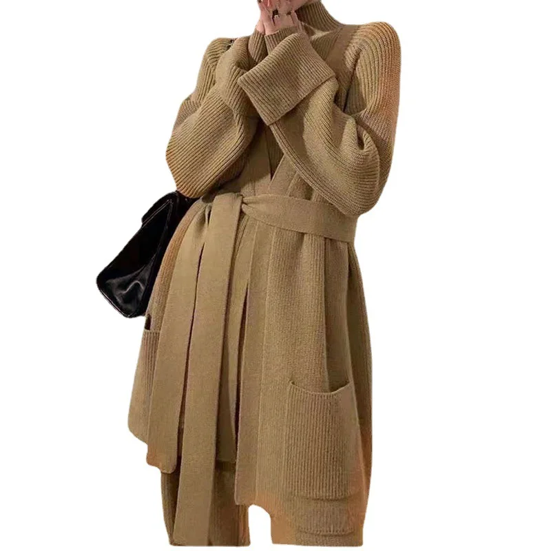 

SuperAen Korean Casual Lace-up Knitted Pullover Wide-leg Pants Cardigan Three-piece Set Autumn and Winter Fashion Sweater Sets