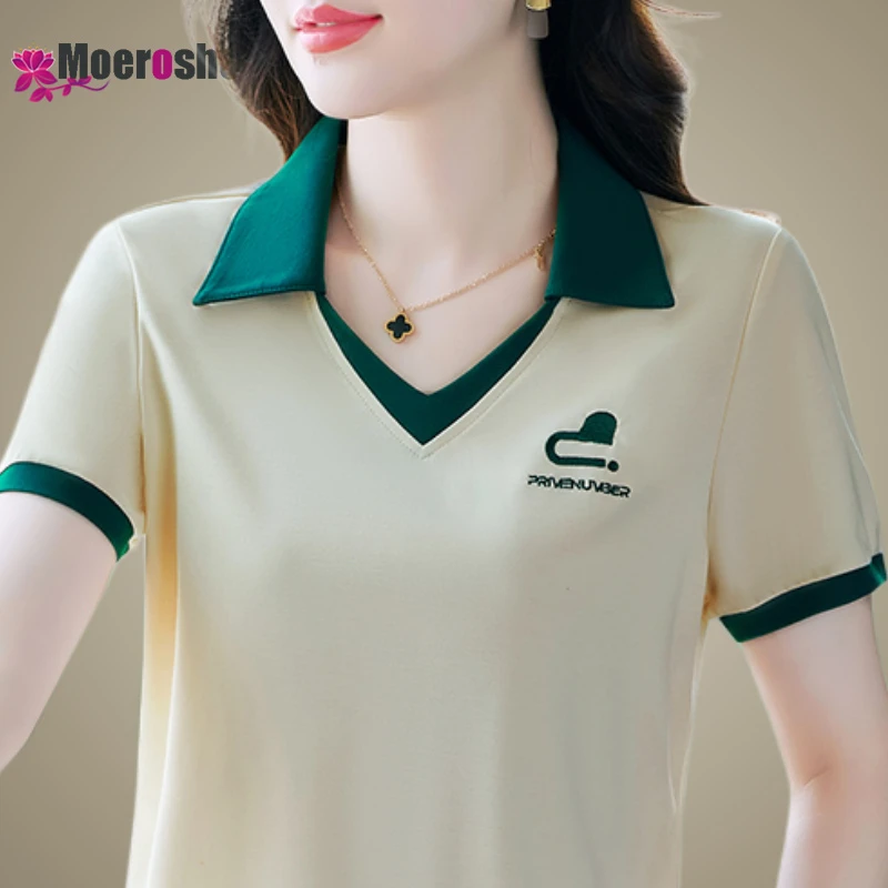 

Moeroshe T-shirts for Women Patchwork Color Lapel T-shirt Fashion Cotton Short-sleeved Shirt Summer Slight Strech Polo Shirt