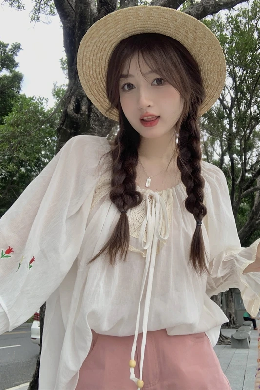 Sweet heavy industry embroidered sunscreen shirt women's summer 2022 new design thin lace up long sleeve air conditioning blouse images - 6