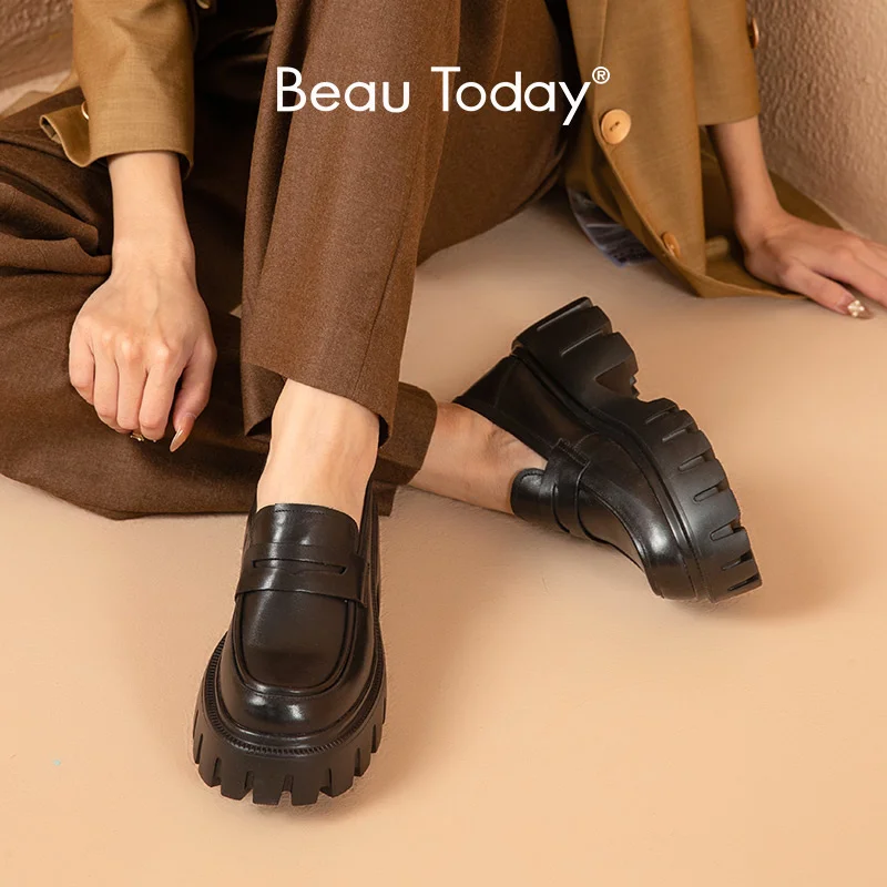 

BeauToday Platform Penny Loafers Women Genuine Cow Leather Round Toe Slip On Chunky Sole Ladies Casual Shoes Handmade 27733