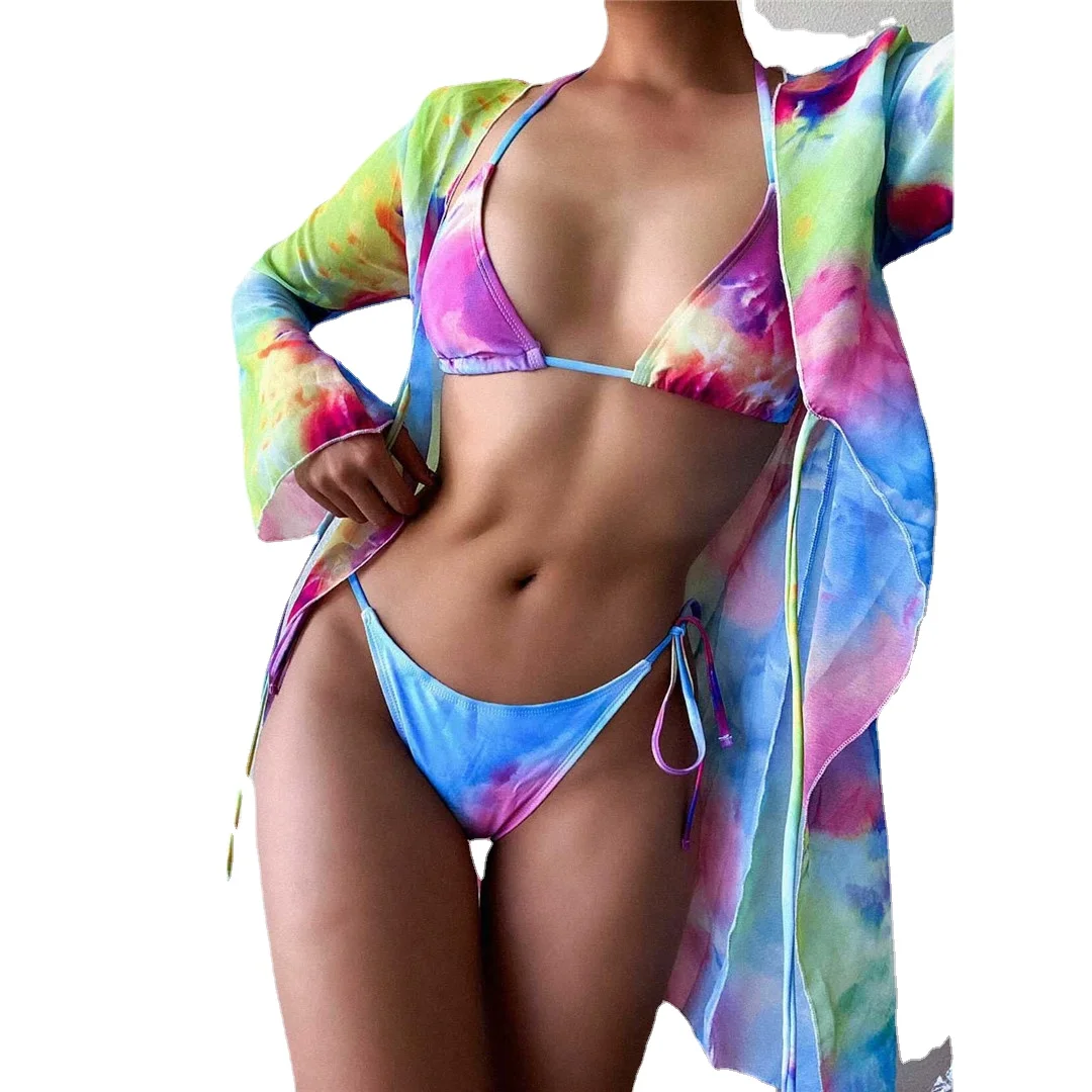 

Новый комплект красочного бикини с лямкой на шее и накидкой, женские стринги с завязкой сбоку, одежда для плавания, женский купальный костюм...