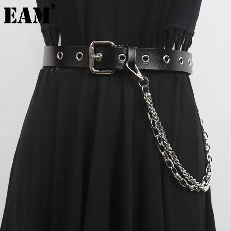 

[EAM] Black Pu Leather Metal Chain Decoration Belt Personality Women New Fashion Tide All-match Spring Autumn 2023 1DF0208