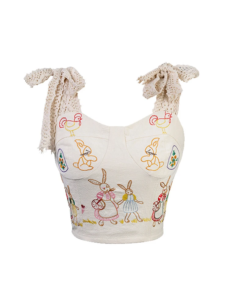 

Women's Tank Tops Fashion Cute Graphic Embroidery Crop Top Lace Up T-shirts Vest Streetwear Off Shoulder Sexy Y2k Female Summer