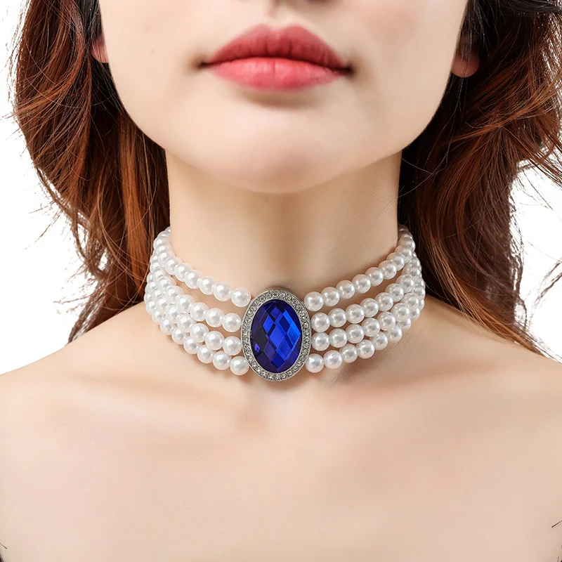 

MASA Retro Multi-layer Imitation Pearls Choker for Women Blue Oval Rhinestones Gold Color Necklaces Female Party Jewelry
