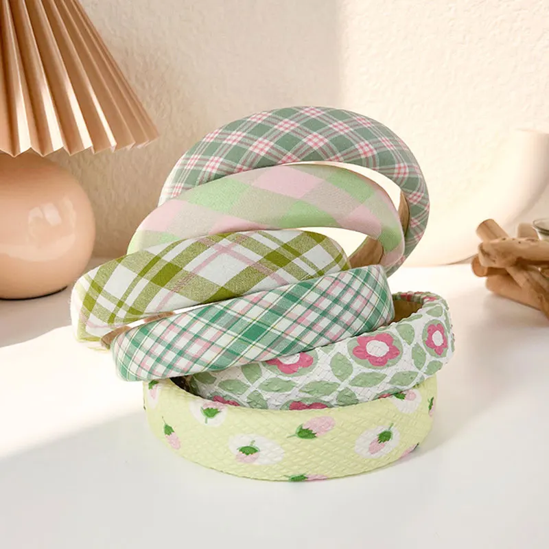 

Plaid Fabric Hairbands Flower Headband Strawberry Print Lattice Hair Hoop Sponge Non-slip Head Hoop Wide Bezel Hairbands
