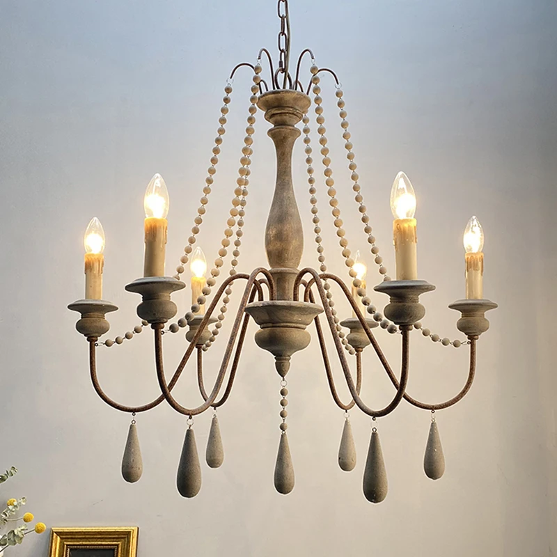 Винтажная Деревянная люстра деревенские лампы с бусинами комнатное освещение