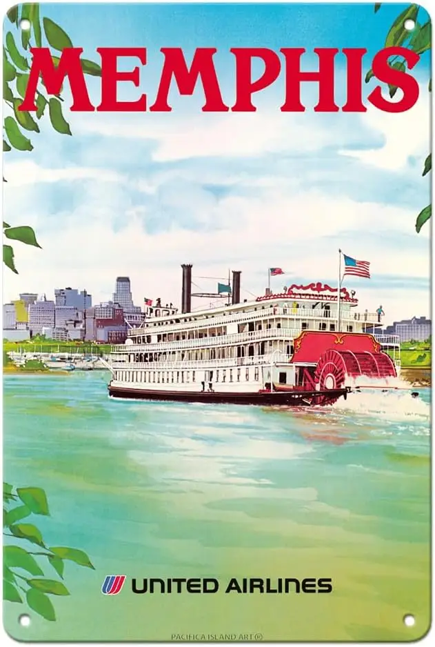 fc slnd rt Мемфис Теннесси - Unted rlnes Msssspp Rver Pddlewheel Bot Плакат Vntge rlne Trvel от Mchel Hgel c.1970s 8x12