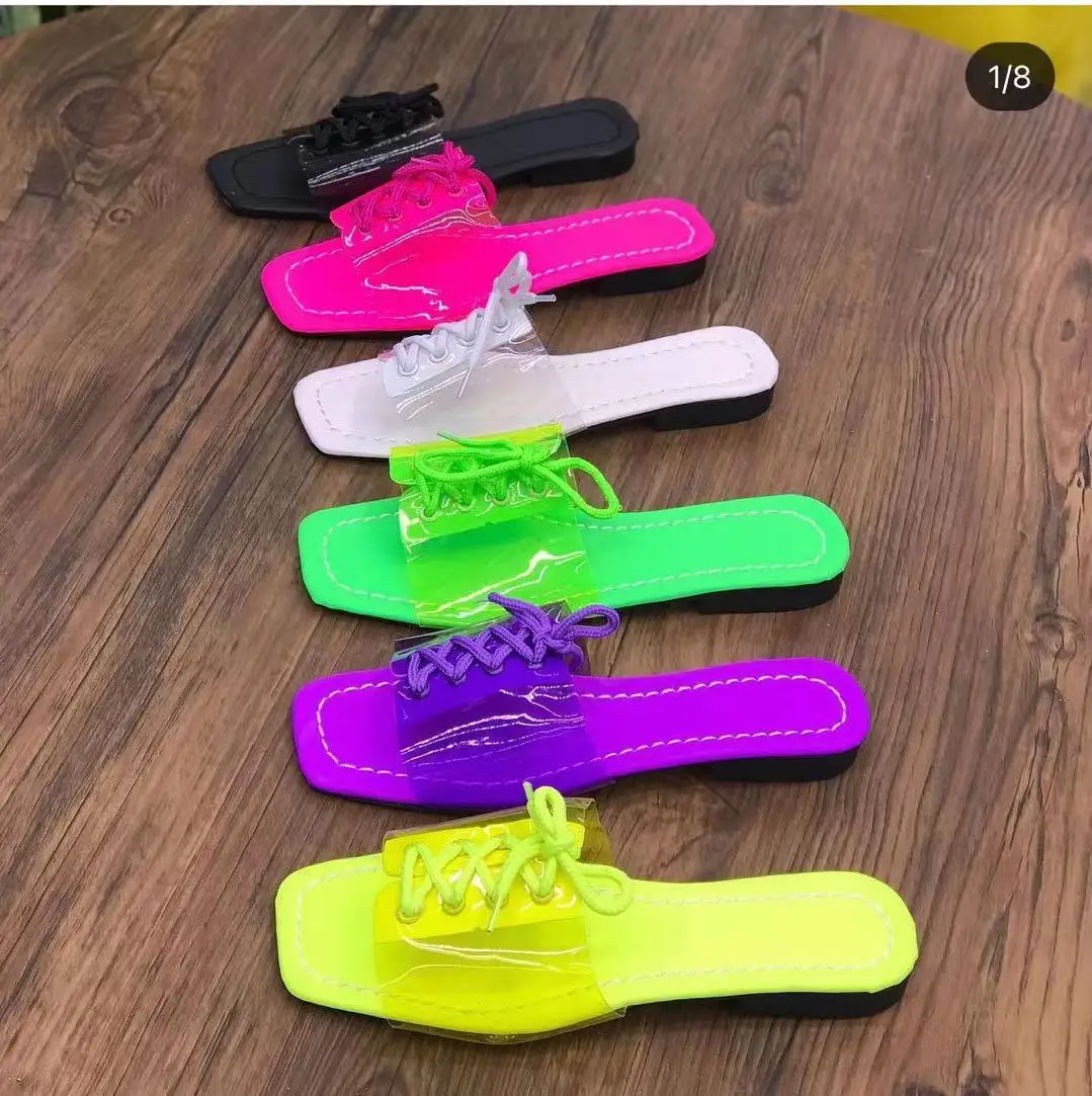 

Women Jelly Beach Flip Flops Summer Fashion Casual Home Slippers Flat bottom square head fashion mop women shoes