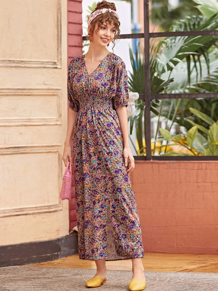 

Women Casual Elegant Maxi Dresses 2023 New Summer A-Line V-Neck Half Sleeve Floral Print Boho Turkish Evening Party Robe Vestido