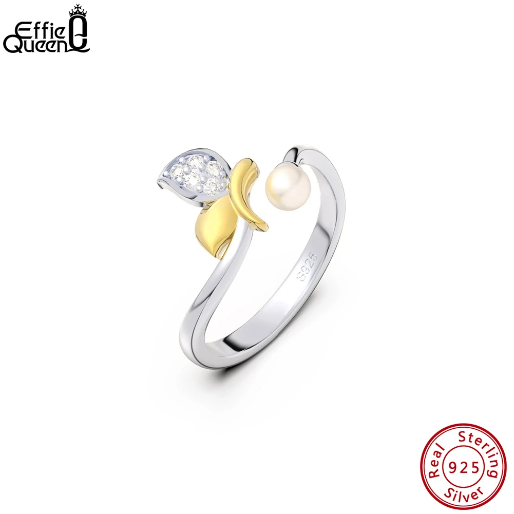 

Effie Queen Real 925 Sterling Silver Cultured Freashwater Pearl Rings for Women Fashion Butterfly 4A CZ Open Rings Jewelry GPR15