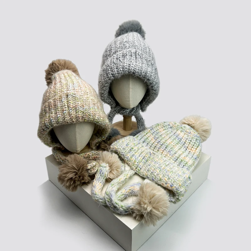 Осенне-зимние новые женские однотонные вязаные шапки с ремешками для волос