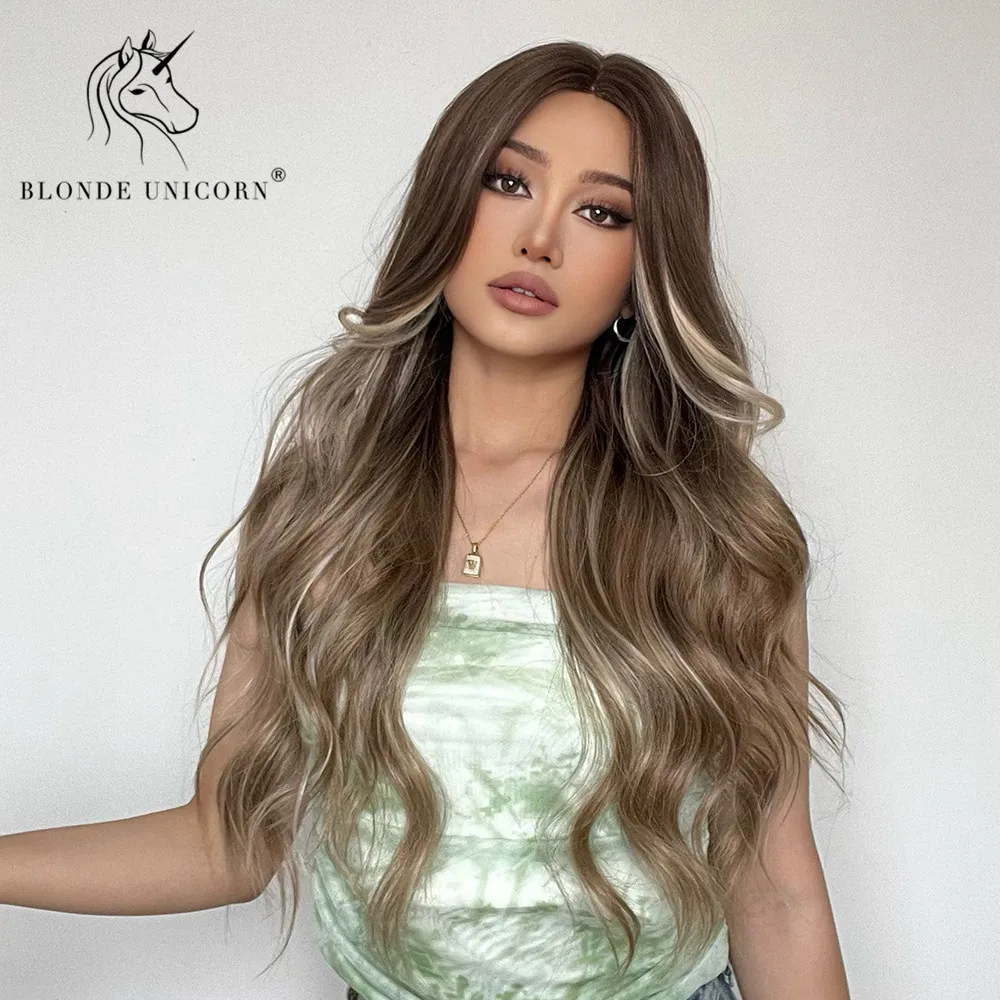 Парик Синтетический блонд Единорог Омбре коричневый с хайлайтером длинные