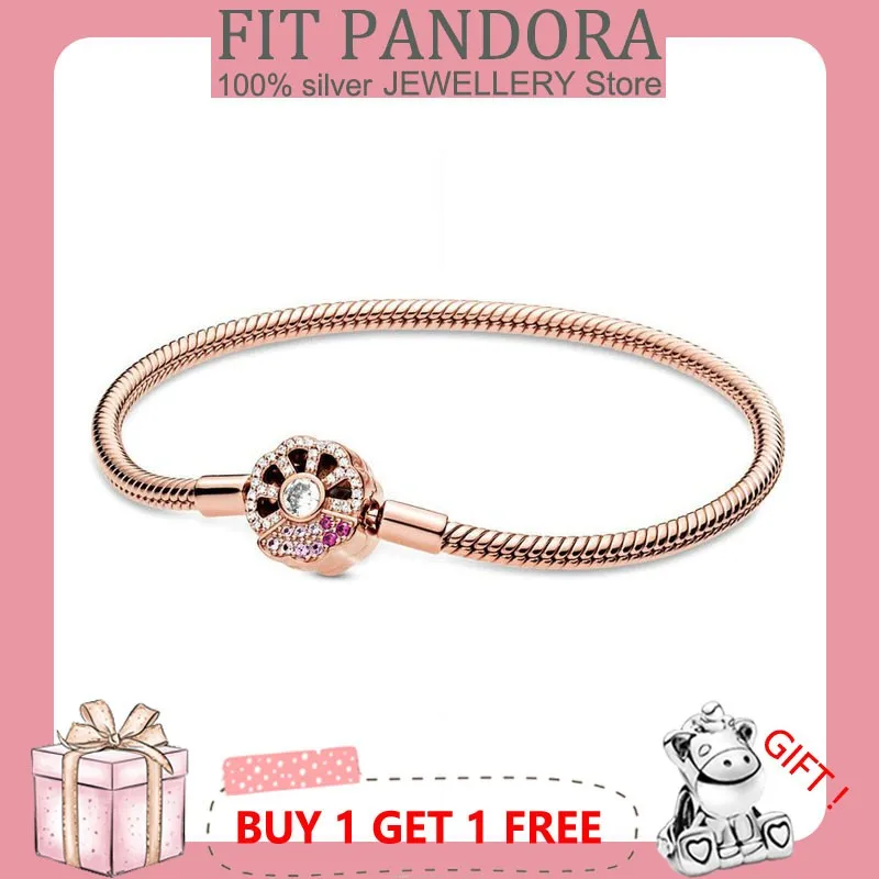 

2022 New Luxury S925 Sterling Silver Pink Fan Chain Snake Bone Bracelet For Women Fit Original Pandor Charm Beads Jewelry Gift