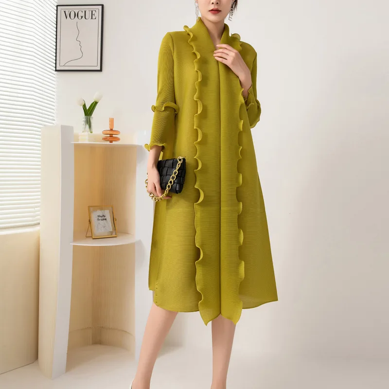 

Miyake Pleated Dress for Women 2022 Spring and Autumn New Fashion Temperament High Collar Wooden Ear Design Sense Midi Dress