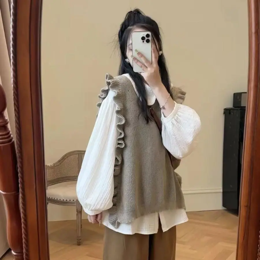 Вязаный свитер и жилет для женщин в студенческом стиле на весну осень без рукавов