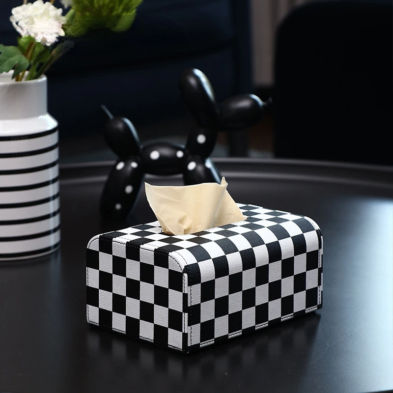 home black and white chessboard weave leather tissue box ins home bedroom drawer soft decoration