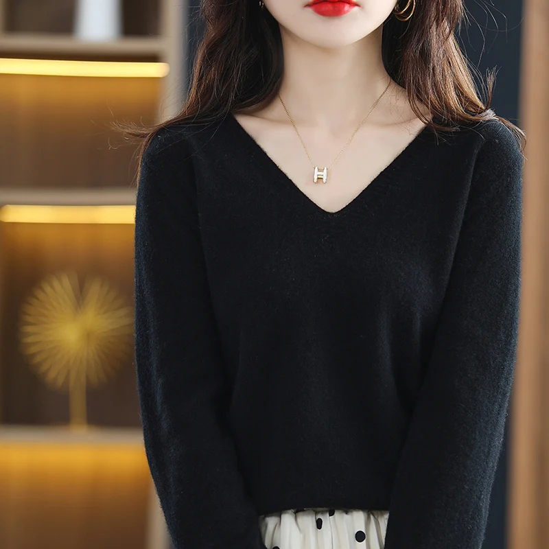 

Spring And Autumn New Long Sleeve Knitted Sweater Women's Clothing V-neck Pullover Thin Korean Fashion Tops Wool Bottom Outwear
